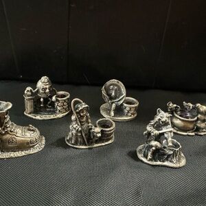 Vintage Godinger Pewter Mother Goose Nursery Rhyme Birthday Candle Holders 6 pc